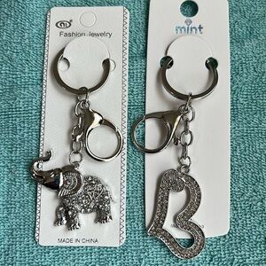 Keychains Set of 2- Silver toned Elephant and Heart NWT